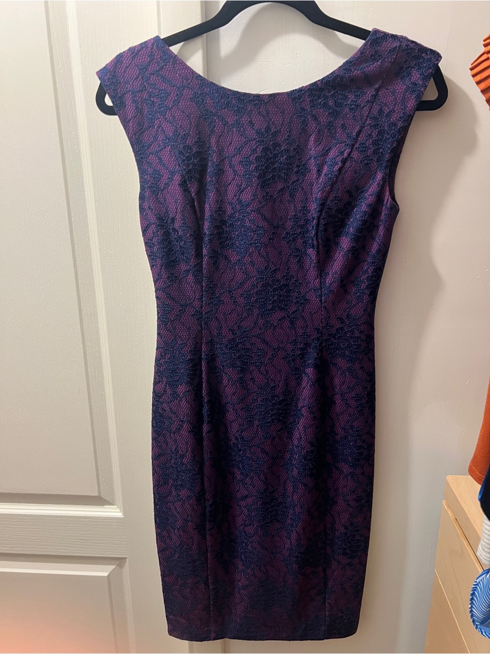 French Connection Sleeveless Purple Lace-Pattern Sheath Dress